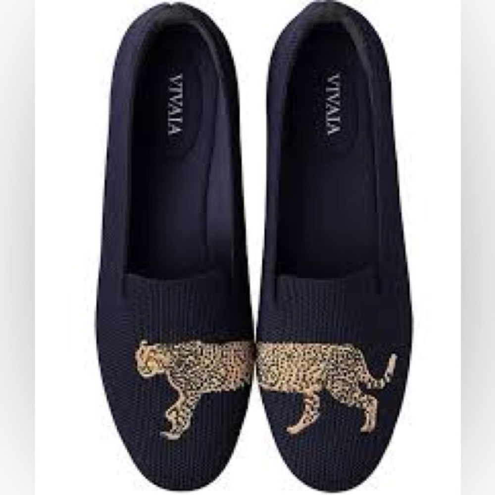 Vivaia black Cheetah Embroidered round toe Loafers / flats